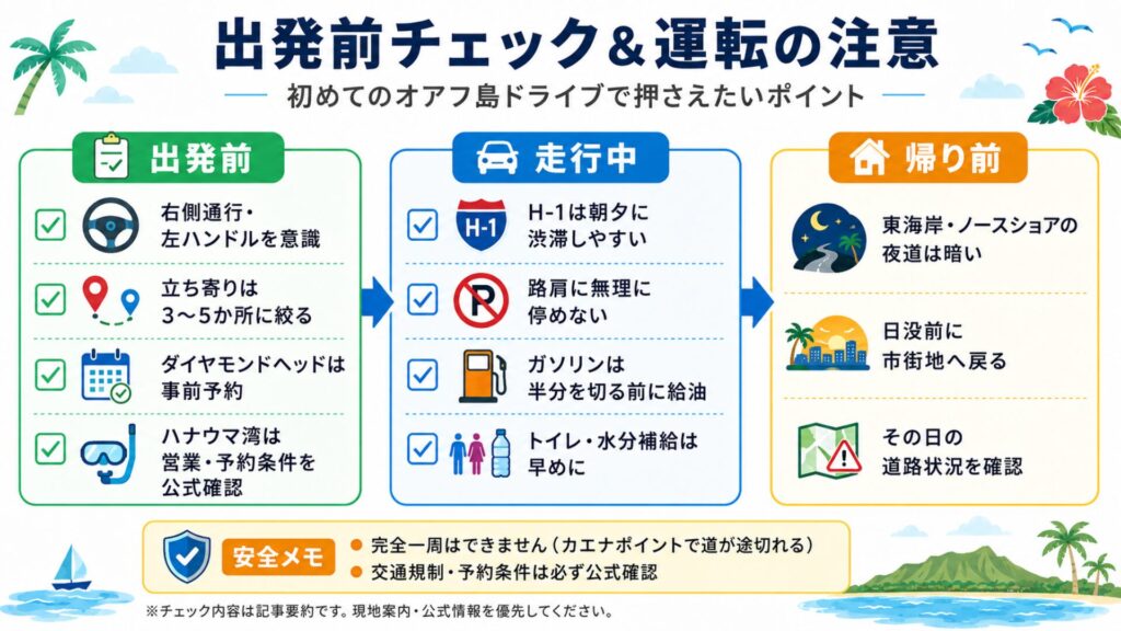 オアフ島レンタカードライブの出発前・走行中・帰り前の注意点をまとめたチェックリスト