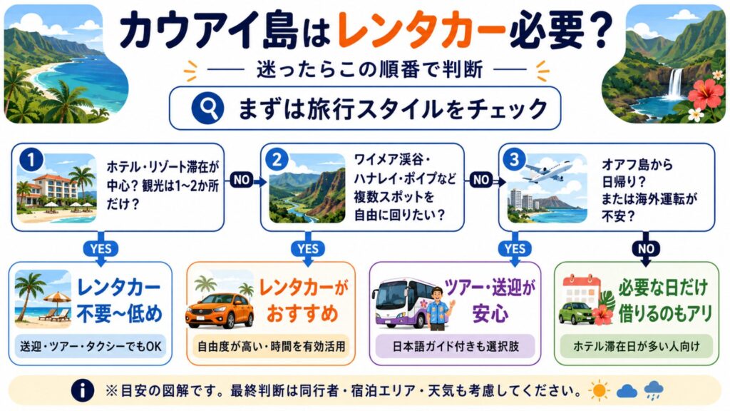 カウアイ島でレンタカーが必要か旅行スタイル別に判断するフローチャート