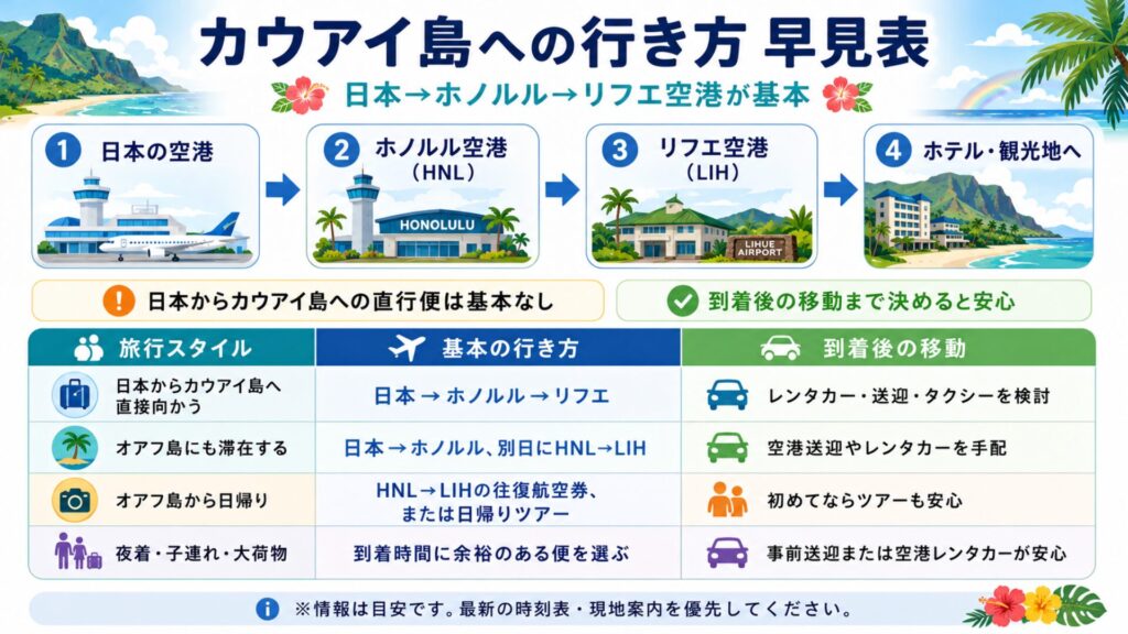 日本からカウアイ島へ行く基本ルートと旅行スタイル別の行き方をまとめた早見表