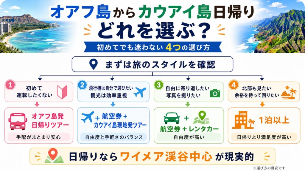 オアフ島からカウアイ島へ日帰りする方法を日帰りツアー・現地発ツアー・レンタカー・1泊以上で比較した図解