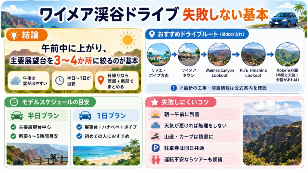 ワイメア渓谷ドライブで失敗しないための午前出発・展望台厳選・半日から1日プランの基本をまとめた図解
