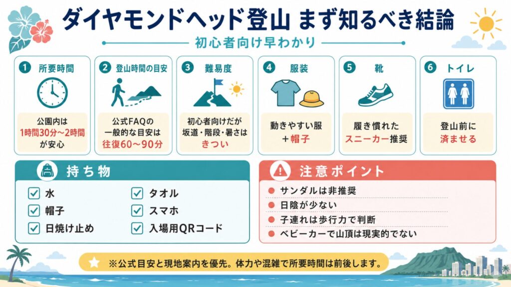 ダイヤモンドヘッド登山の所要時間・難易度・服装・靴・持ち物・トイレ・子連れの注意点をまとめた早見図