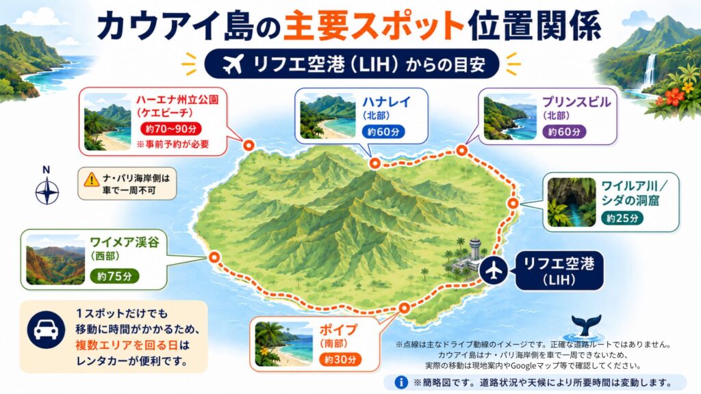 リフエ空港を起点にしたカウアイ島の主要観光スポット位置関係と所要時間の目安
