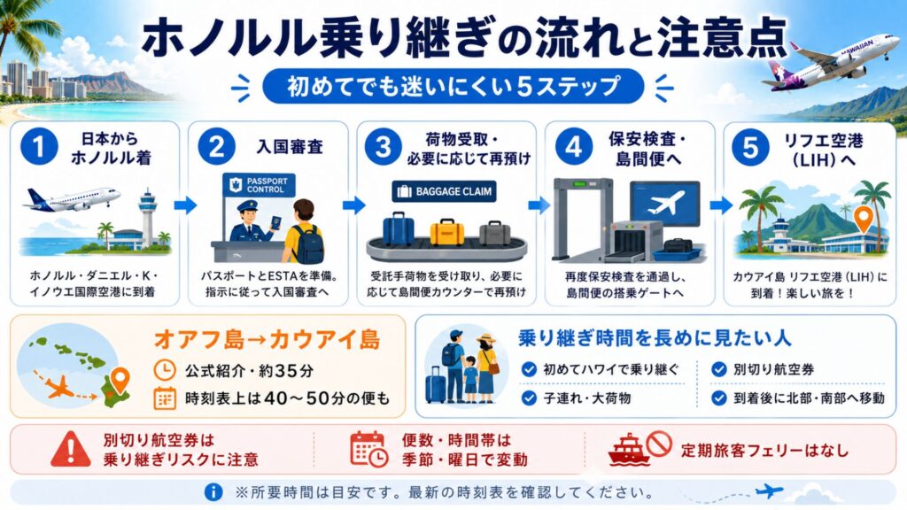 ホノルル空港で日本からリフエ空港へ乗り継ぐ流れと注意点を5ステップで示した図解