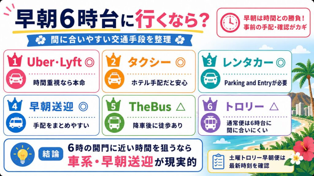 ダイヤモンドヘッドへ早朝6時台に行く場合の交通手段を比較した図解。Uber・Lyft、タクシー、レンタカー、早朝送迎は間に合いやすく、TheBusや通常トロリーは時刻確認が必要であることを示している