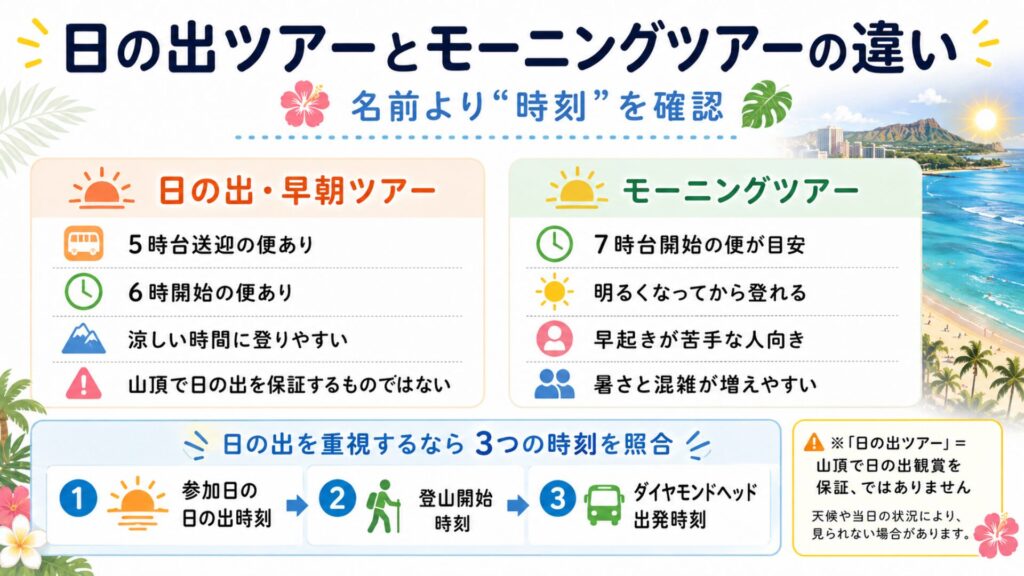 ダイヤモンドヘッドの日の出ツアーとモーニングツアーの違いを比較した図解。日の出ツアーでも山頂で日の出が見られるとは限らず、参加日の日の出時刻、登山開始時刻、現地出発時刻の確認が必要であることを示している
