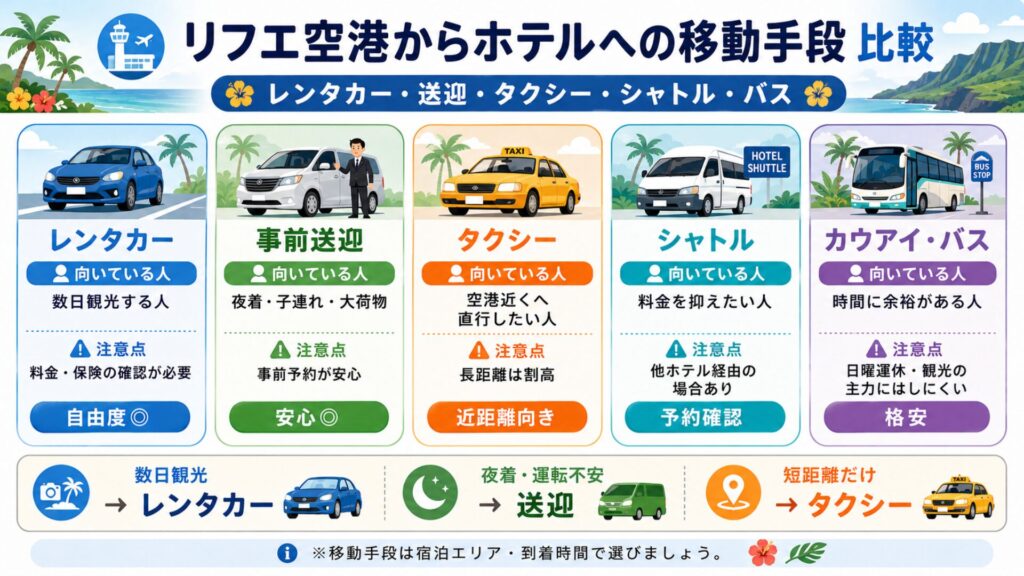 リフエ空港からホテルまでのレンタカー・送迎・タクシー・シャトル・カウアイバスの比較表