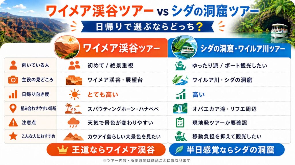 カウアイ島日帰りでワイメア渓谷ツアーとシダの洞窟・ワイルア川ツアーの違いを比較した図解