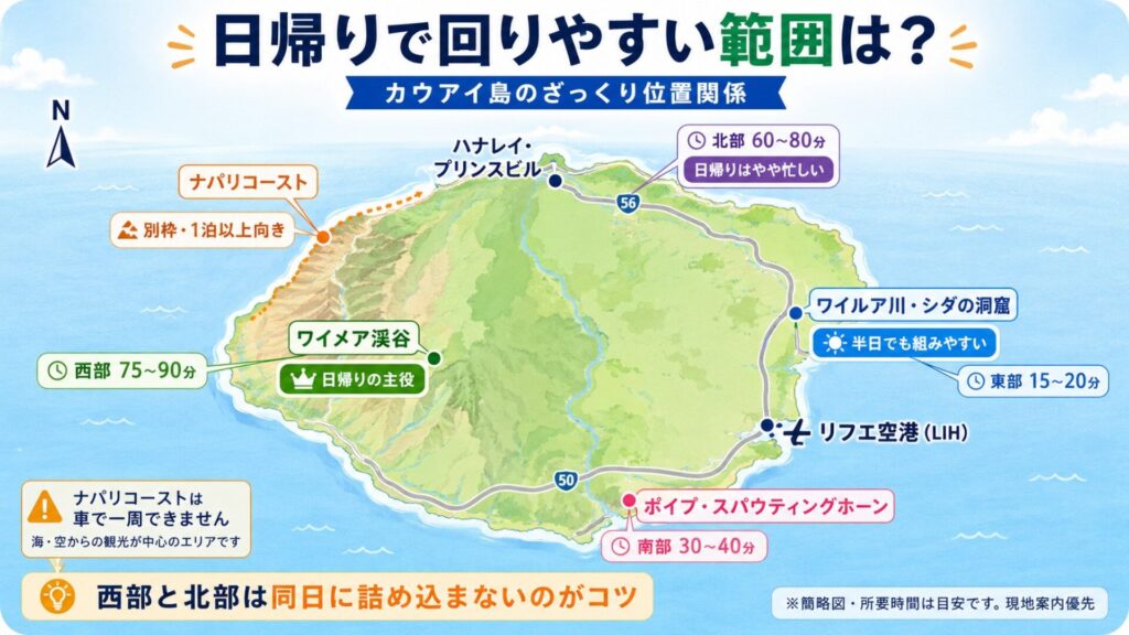 リフエ空港を起点にカウアイ島日帰りで回りやすいワイメア渓谷・ワイルア川・ポイプ・北部エリアの位置関係を示した簡略地図