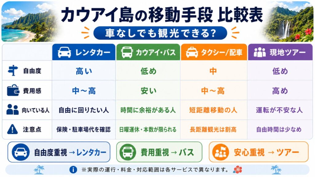 カウアイ島のレンタカー・バス・タクシー・現地ツアーの移動手段比較表