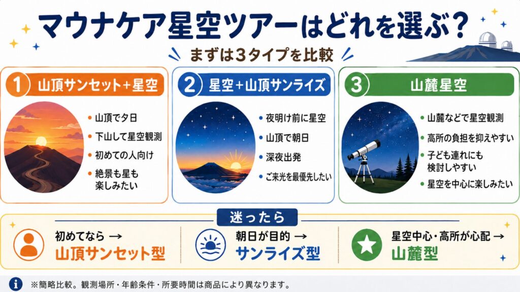 マウナケア星空ツアーの山頂サンセット・サンライズ・山麓の3タイプ比較
