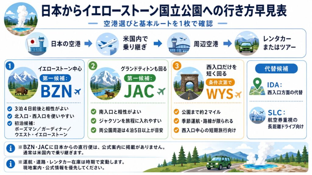 日本からイエローストーン国立公園へ米国内乗り継ぎで向かう基本ルートとBZN・JAC・WYSの選び方をまとめた図解