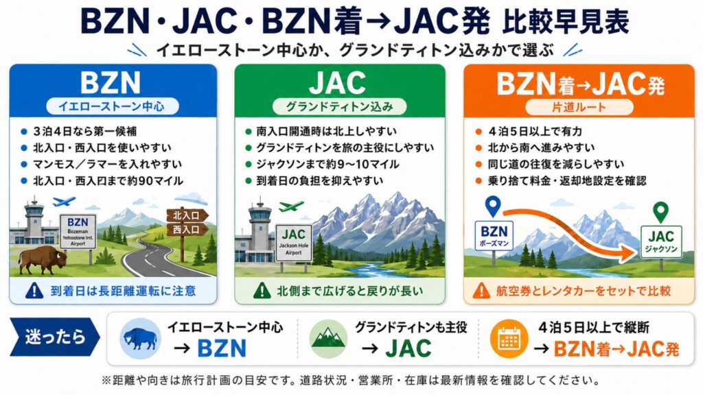 イエローストーン旅行でBZN・JAC・BZN着JAC発の3パターンを日数と旅行目的で比較した早見表