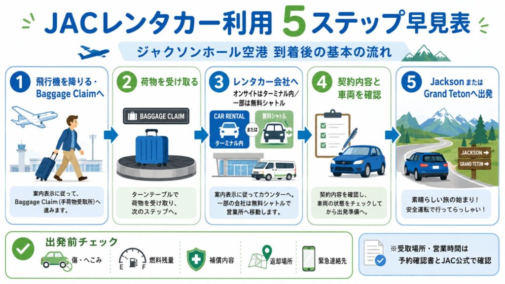 ジャクソンホール空港JACでレンタカーを受け取る到着後5ステップ早見表