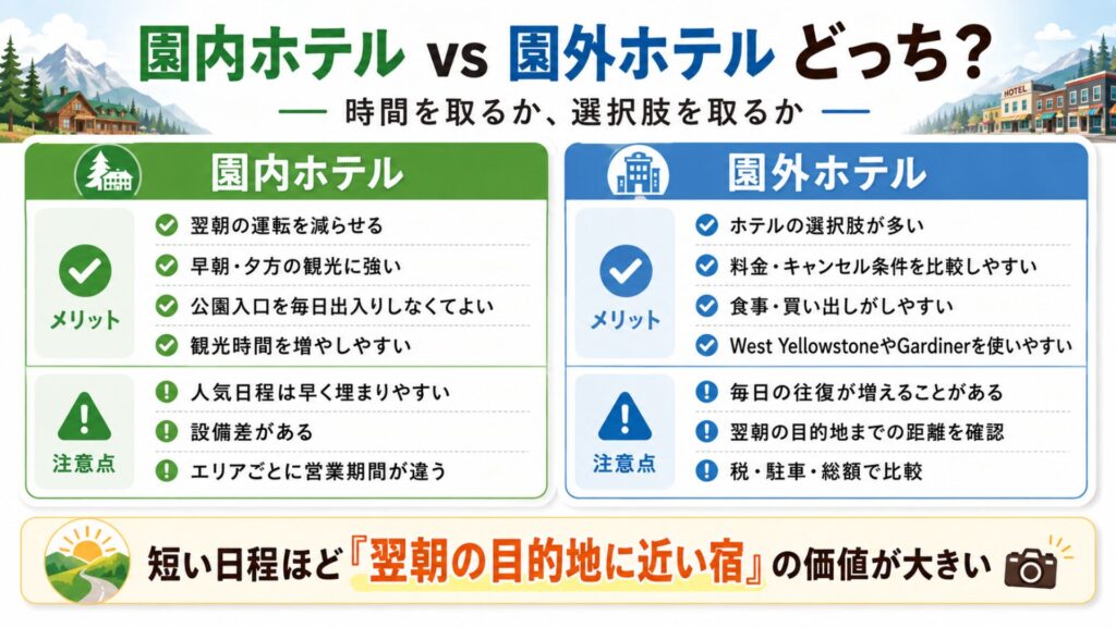 イエローストーンの園内ホテルと園外ホテルのメリットと注意点を比較した図