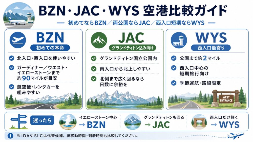 イエローストーン旅行で利用するBZN・JAC・WYS空港の入口・距離・旅行目的を比較した図解