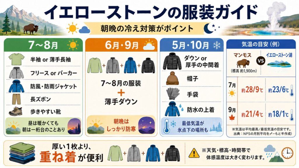 イエローストーンの5月から10月の服装と7月・9月のマンモスとイエローストーン湖の気温を比較した図