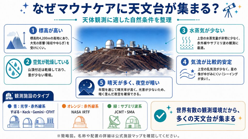 マウナケアに多くの天文台が集まる理由を説明した図解