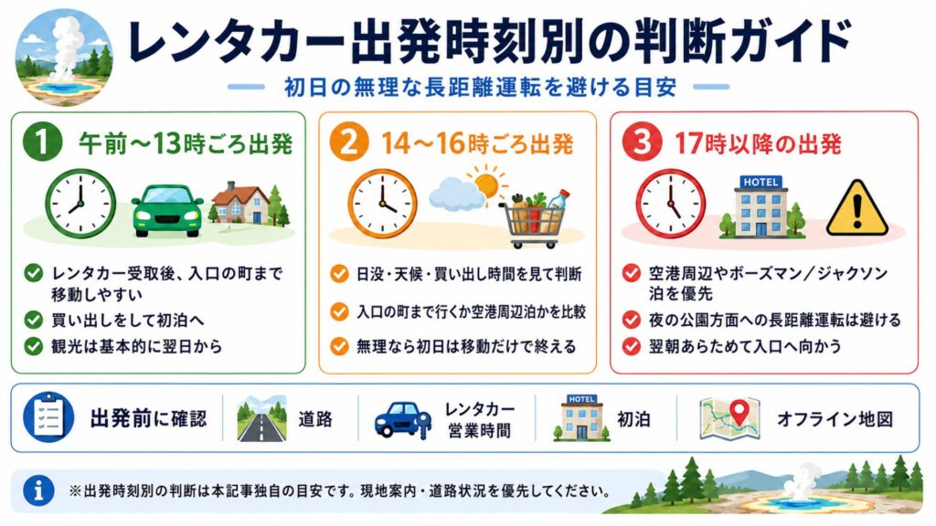 イエローストーン旅行でレンタカーを出発できる時刻に応じた初日の移動と宿泊判断を示したガイド
