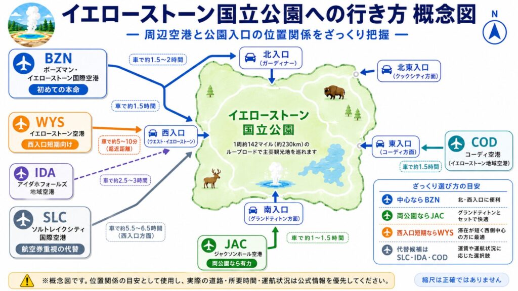 イエローストーン国立公園の周辺空港BZN・JAC・WYS・IDA・SLC・CODと主要入口の位置関係を示した概念図