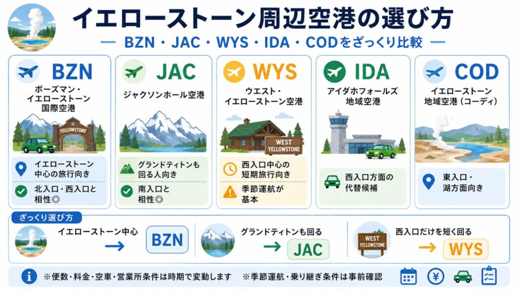 イエローストーン周辺のBZN・JAC・WYS・IDA・COD空港を旅行目的別に比較した図解