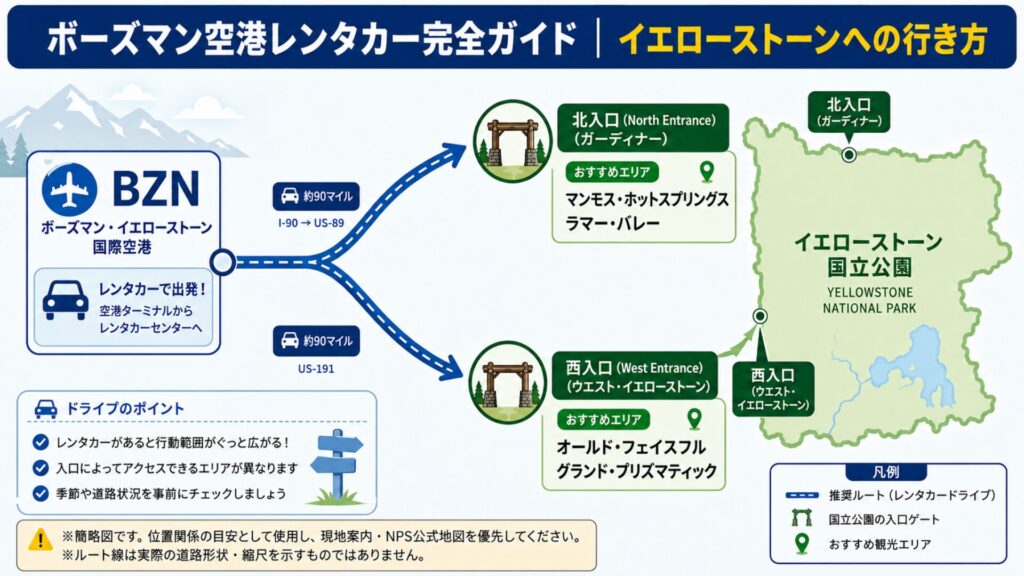 ボーズマン空港BZNからイエローストーン北入口と西入口へ向かう約90マイルの2ルートを示した概念図