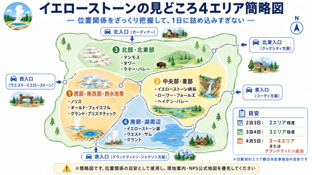 イエローストーン国立公園の5つの入口と西部・中央部・北部・南部の見どころを示した簡略図