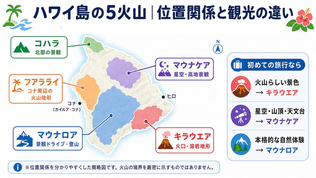 ハワイ島のキラウエア・マウナロア・マウナケア・フアラライ・コハラの位置関係を示した簡略図